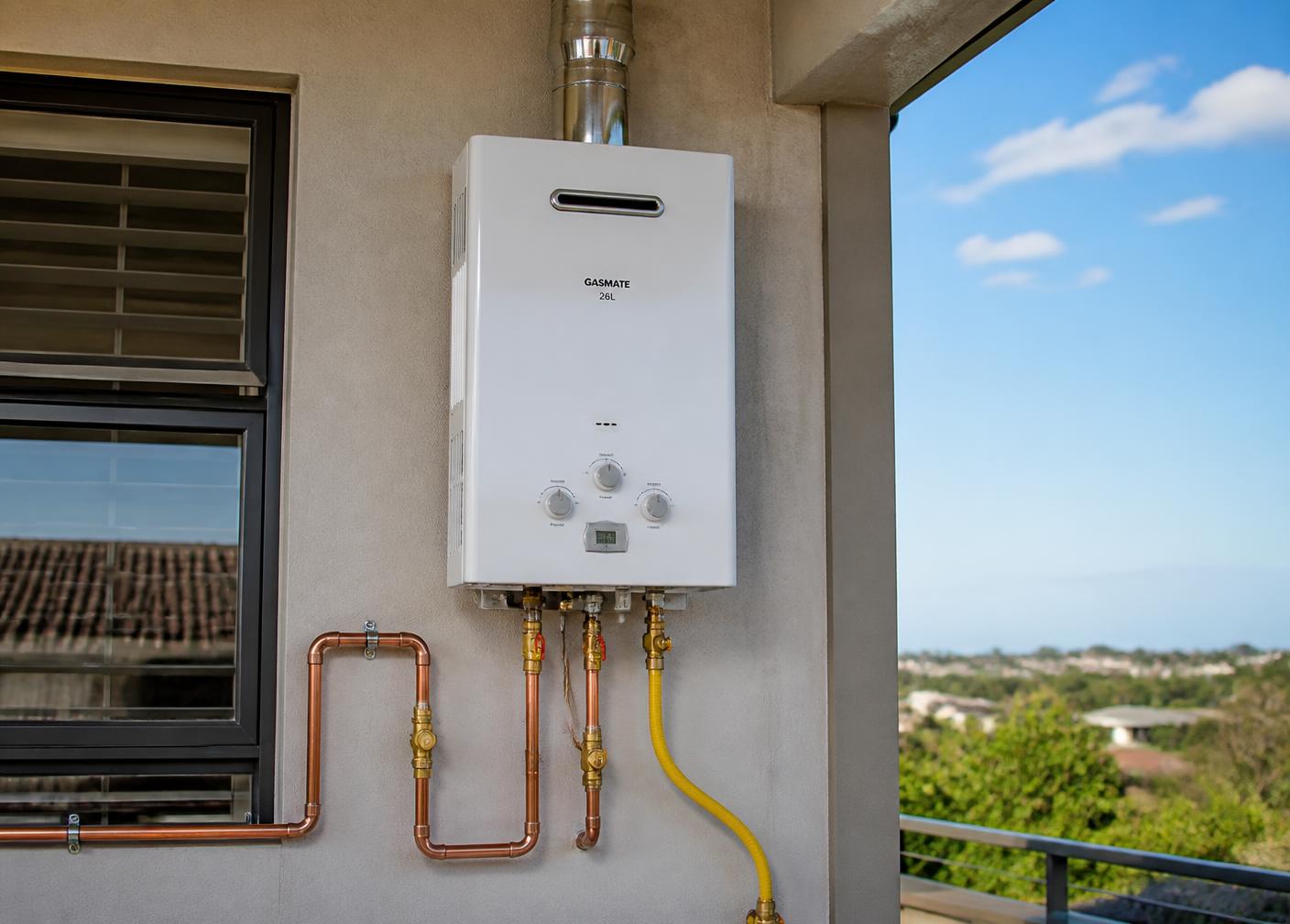 Modern gas geyser installed on an exterior wall with neat copper piping
