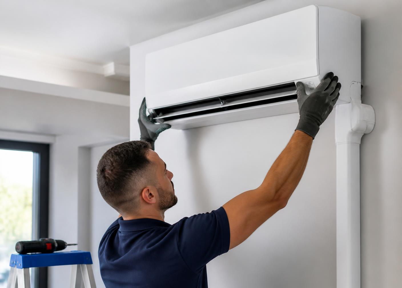 Technician installing a wall-mounted split air conditioner